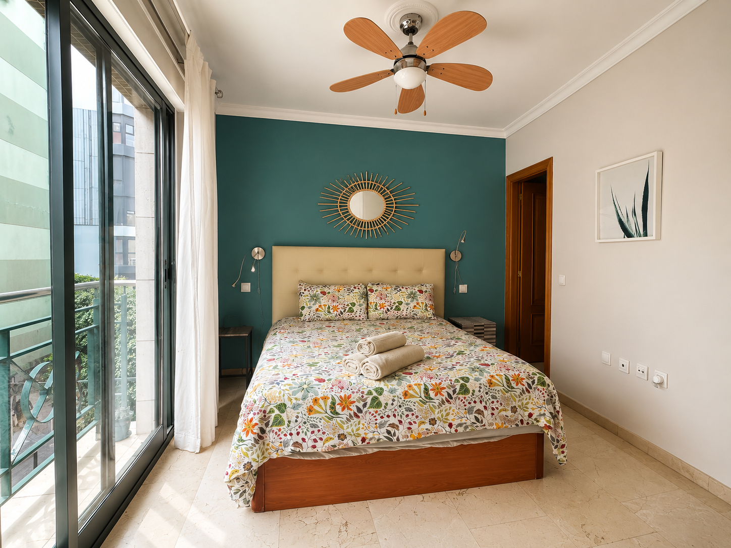 Bright bedroom with balcony doors