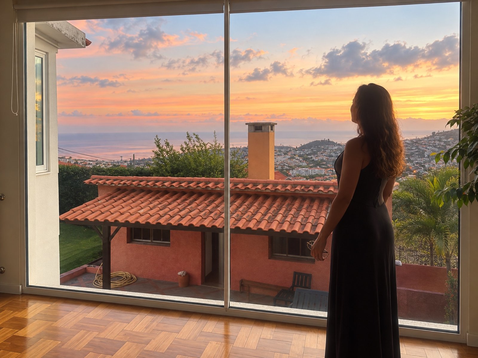 A person looking out over Funchal and the Atlantic at sunset